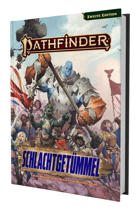 „Zweite Edition“, „Pathfinder“, „Schlachtgetümmel“. Eine farbenfrohe Illustration von Fantasy-Charakteren in Rüstung.