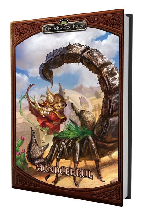 Oben steht "Die Schwarze Katze", unten "MONDGEHEUL". Ein gepanzerter Skorpion und eine Katze in rotem Umhang kämpfen.