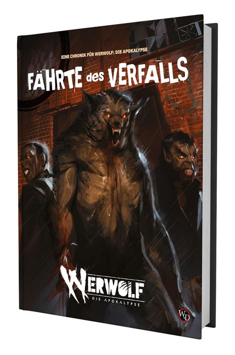 Titel: "Fährte des Verfalls". Darunter aggressive Werwölfe; düstere, bedrohliche Szene.