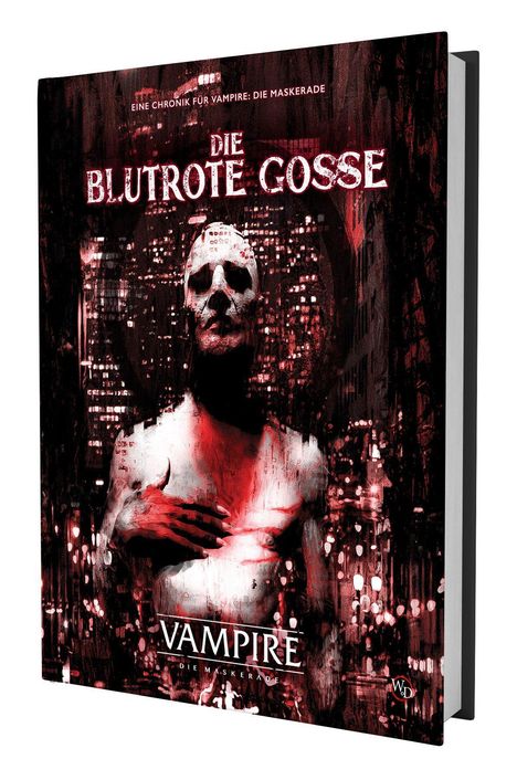 Buchtitel: "Die Blutrote Gosse" über einem gruseligen Gesicht, darunter "Vampire: Die Maskerade". Stadtlichter im Hintergrund.