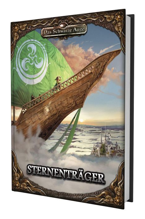 "Das Schwarze Auge" und "Sternenträger". Ein Luftschiff überfliegt eine winterliche Landschaft.