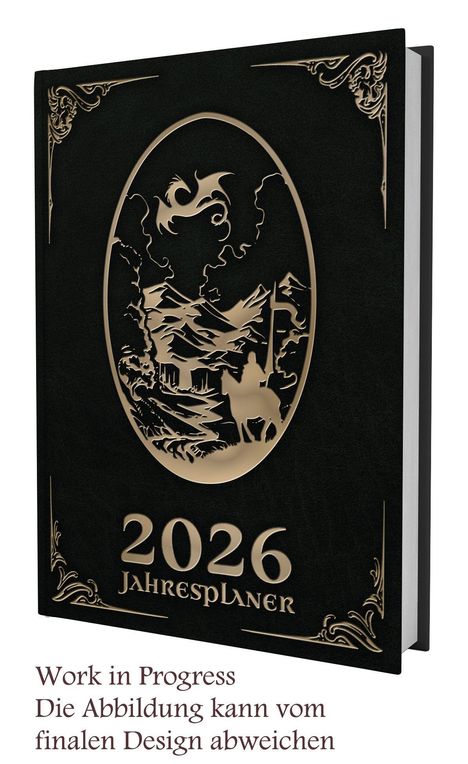 "2026 Jahresplaner. Work in Progress. Die Abbildung kann vom finalen Design abweichen." Goldenes Relief, Reiter und Berge.