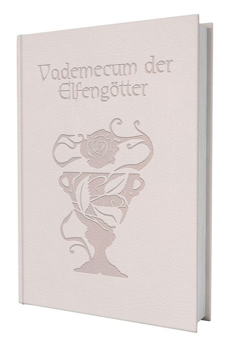 "Vademecum der Elfengötter" auf dem Cover eines hellen Buches mit einem Relief einer kunstvollen Vase und Rose.