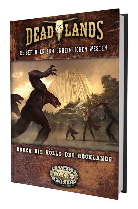 Titel: "DEADLANDS". Untertitel: "Reiseführer zum unheimlichen Westen". Szene mit Monstern und Cowboy-Figuren.