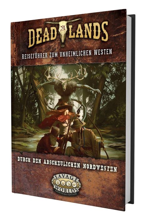 "Deadlands - Reiseführer zum unheimlichen Westen" und "Durch den abscheulichen Nordwesten". Illustration: Waldszene mit Gestalt.