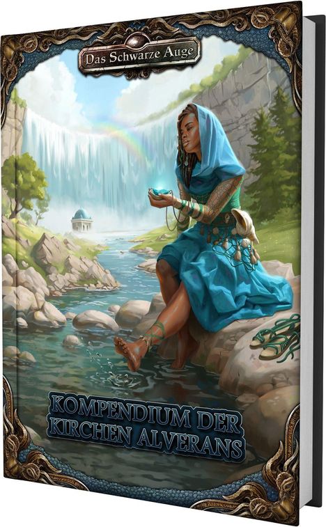 "Kompendium der Kirchen Alverans." Eine Frau am Fluss hält ein leuchtendes Objekt, ein Wasserfall im Hintergrund.