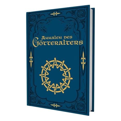 "Annalen des Götteralters" steht auf einem blauen Buch mit goldenen Verzierungen und Ornamenten.