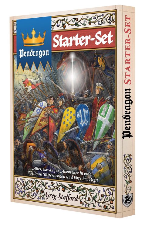 "Pendragon Starter-Set", gefolgt von Rittern mit bunten Schilden und Schwertern in einer Schlachtszene.