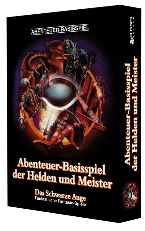 Text: "ABENTEUER-BASISSPIEL", "Abenteuer-Basis Spiel der Helden und Meister", "Das Schwarze Auge Fantastische Fantasie-Spiele". Illustration: Helden in Rüstung kämpfen gegen Drachen und Kreaturen, dramatische Szene.