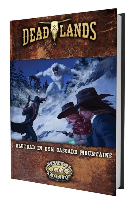 "Blutbad in den Cascade Mountains" steht auf einem Buchcover mit bewaffneten Cowboys, die gegen ein weißes Monster kämpfen.