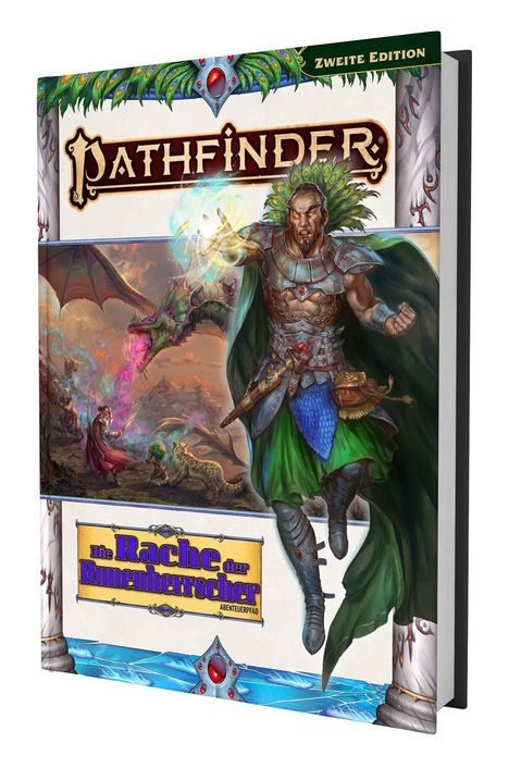 „Zweite Edition“, „PATHFINDER“, „Die Rache der Runenherrscher“. Fantasy-Krieger in Rüstung, Kampf gegen Drachen.