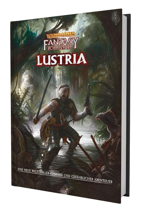 Cover eines Rollenspiels mit dem Titel "Warhammer Fantasy Rollenspiel Lustria". Ein Abenteurer in einem dichten Dschungel.