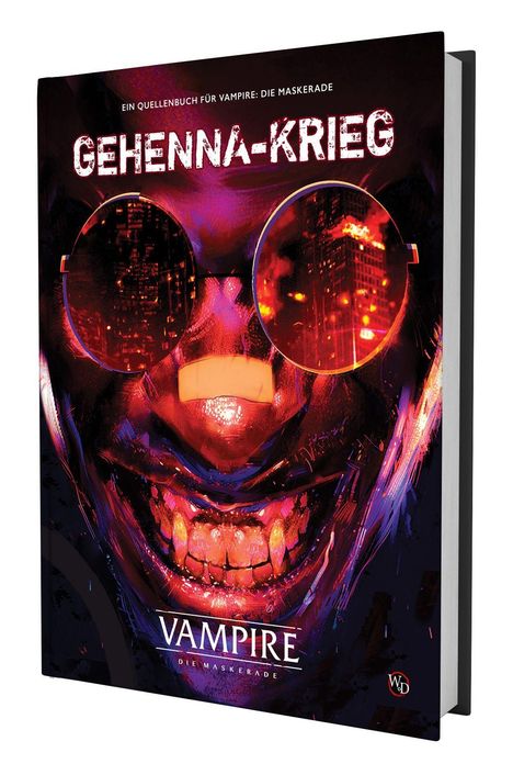 „GEHENNA-KRIEG“: Intensives Vampirgesicht in Rot- und Lilatönen mit brennenden Gebäuden in den Brillengläsern.