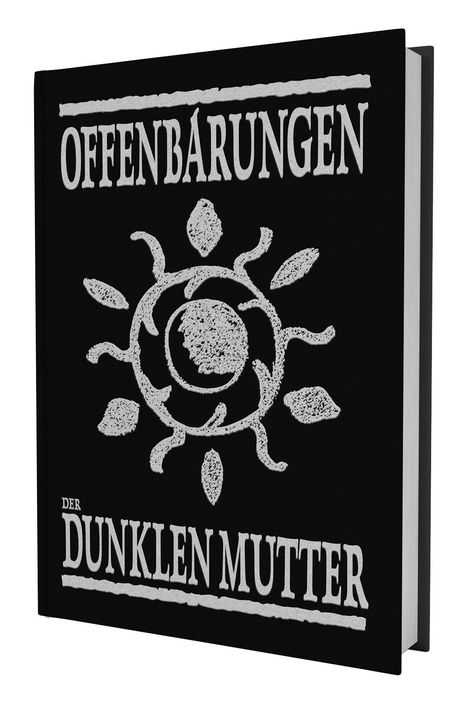 Titel: "Offenbarungen der dunklen Mutter". Ein schlichtes schwarzes Buch mit einem weißen, stilisierten Symbol.