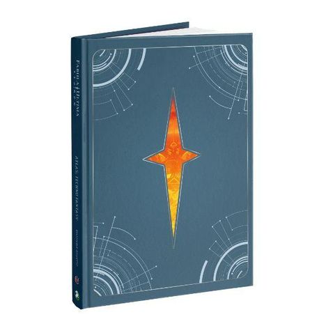 Ein Buch mit blauem Einband, zentriert ein oranger Stern. Weiße, kreisförmige Linienmuster dekorieren das Cover.