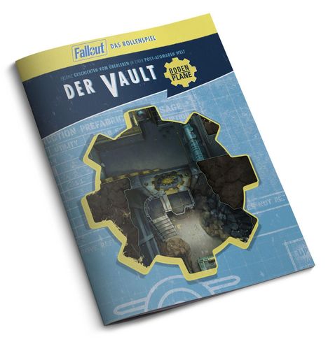 Text: "Fallout Das Rollenspiel, Der Vault, Bodenpläne". Blau-gelbes Cover, zeigt post-apokalyptische Szene durch Zahnradausschnitt.