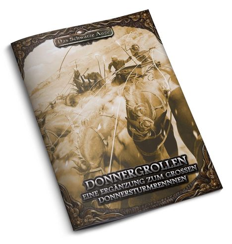 „Das Schwarze Auge“, „DONNERGROLLEN: Eine Ergänzung zum großen Donnersturmrennen“. Sepia-Abbildung von Reitern und Pferden.