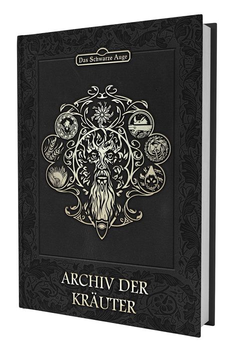 "ARCHIV DER KRÄUTER" steht in Gold auf einem schwarzen, kunstvoll verzierten Buchcover mit mystischen Symbolen.