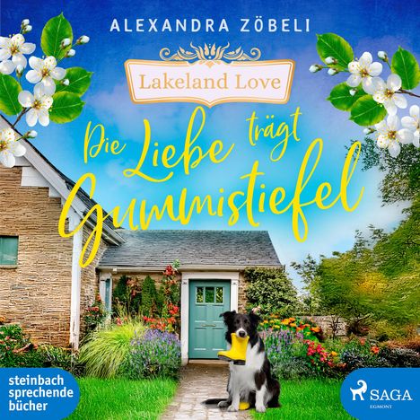 „Die Liebe trägt Gummistiefel“ steht über einem Gartenhaus. Ein Hund hält einen gelben Stiefel.