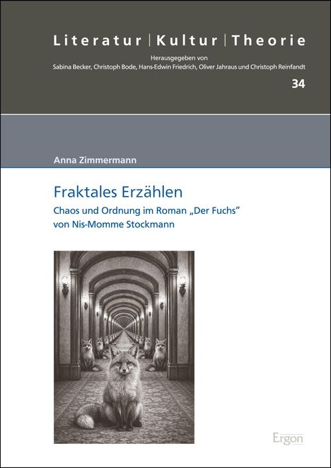 „Fraktales Erzählen“ von Anna Zimmermann; Illustration: Ein Fuchs in einem endlosen, symmetrischen Korridor.