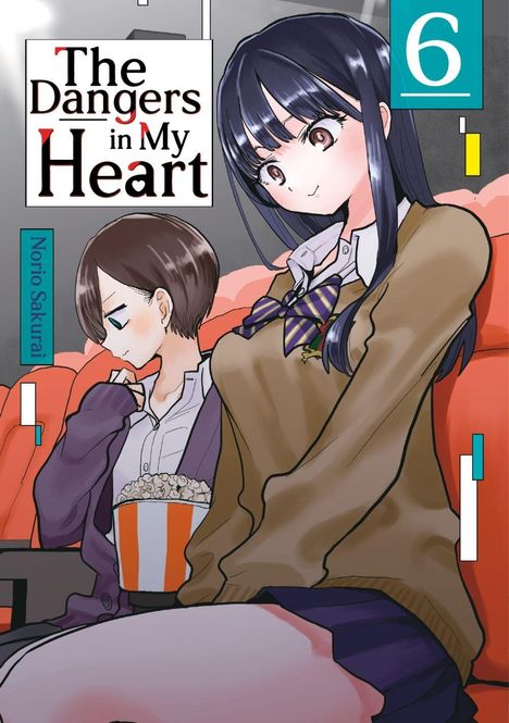 Titel: "The Dangers in My Heart". Band 6. Zwei animierte Charaktere im Kino mit Popcorn.