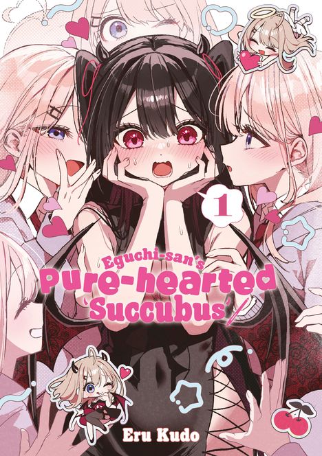"Eguchi-san's Pure-hearted Succubus" und "Eru Kudo". Anime-Stil, Mädchen mit roten Augen und Hörnern, umgeben von anderen.