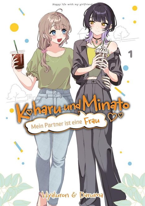 "Koharu und Minato: Mein Partner ist eine Frau" steht auf einem farbenfrohen Manga-Cover mit zwei lächelnden Frauen.