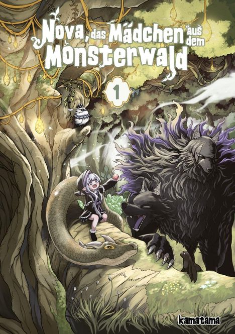 „Nova das Mädchen aus dem Monsterwald“ steht oben in großen Buchstaben, darunter eine Zahl 1. Illustration zeigt ein Mädchen mit Kreaturen im Wald.