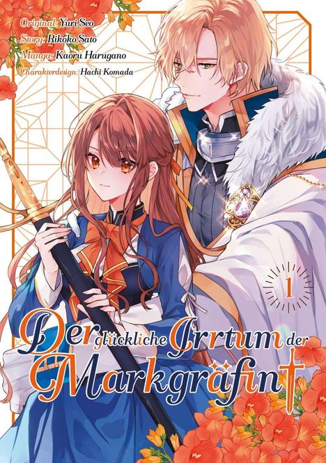 Der Titel lautet "Der glückliche Irrtum der Markgräfin". Zwei elegant gekleidete Personen; ein Mädchen mit Schwert, ein Mann mit Pelzumhang.