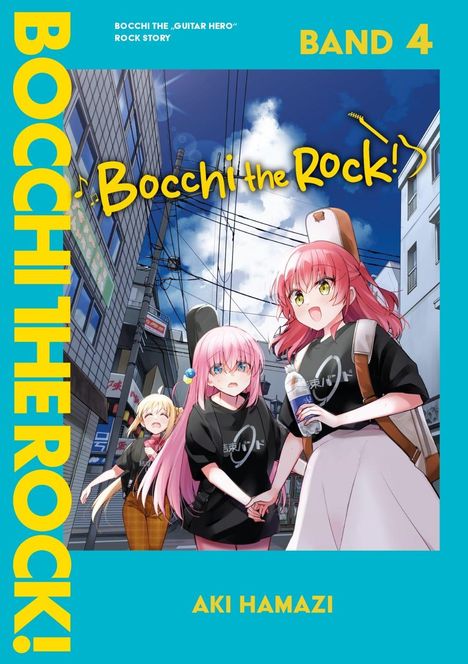 "Bocchi the Rock!", Band 4, Aki Hamazi. Drei Anime-Mädchen auf einer Straße, zwei tragen Gitarrenkoffer.