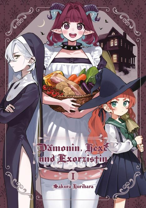 "Dämonin, Hexe und Exorzistin" und "Sakura Furihara" stehen unten. Drei weibliche Figuren im Manga-Stil, eine mit Hörnern und Gemüsekorb.