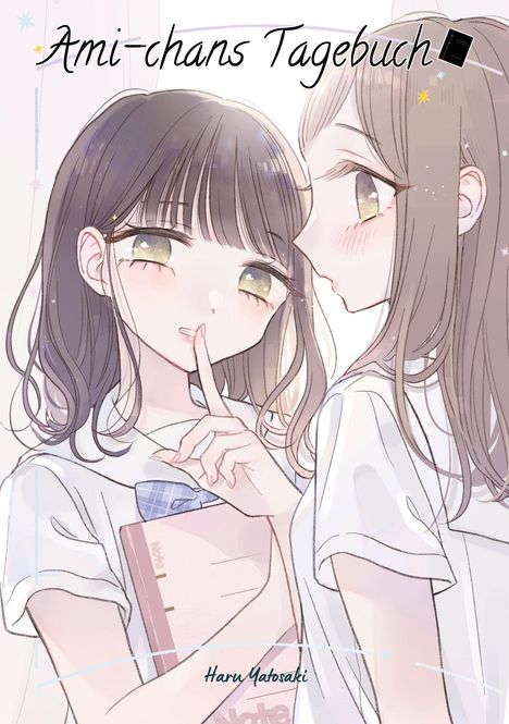 "Ami-chans Tagebuch" steht oben. Zwei Mädchen in Schuluniformen, eines hält ein Heft und legt einen Finger auf die Lippen.