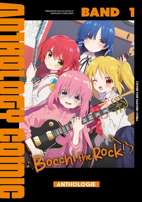 "Band 1, Anthology Comic, Bocchi the Rock!, Anthologie." Vier Mädchen mit Instrumenten, fröhliche Atmosphäre.