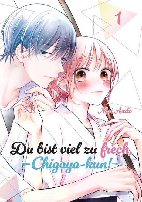 "Du bist viel zu frech, Chigaya-kun!" Illustration eines Paares, der Junge lehnt sich an das Mädchen, beide tragen helle Kleidung.