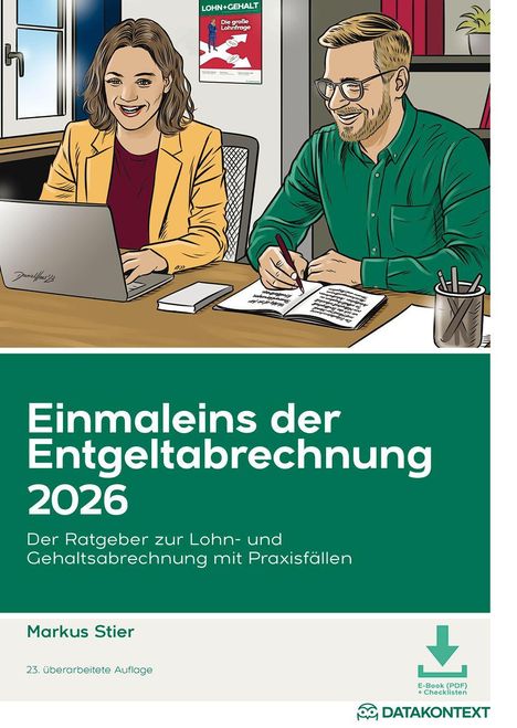 "Einmaleins der Entgeltabrechnung 2026" von Markus Stier. Illustration: Zwei Personen, ein Laptop, ein Notizblock.
