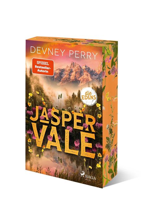"DEVNEY PERRY, SPIEGEL Bestseller-Autorin, JASPER VALE, Saga Logo. Bunte Blumenwiese vor Gebirgslandschaft im Sonnenuntergang."