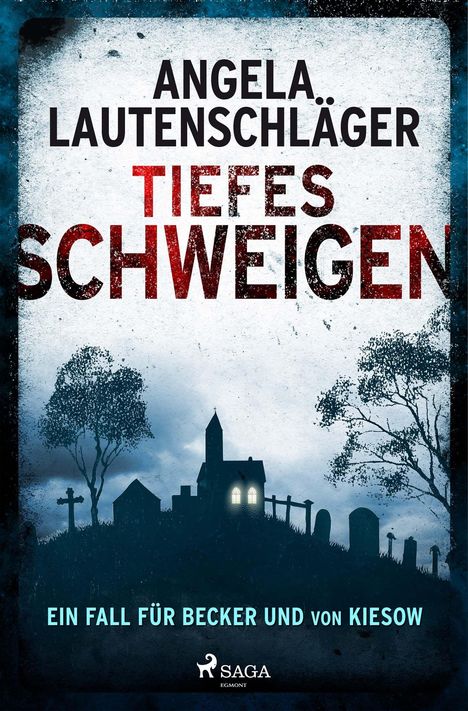 "Tiefes Schweigen" von Angela Lautenschläger, düstere Kirche mit Grabsteinen im Vordergrund, Logo unten.