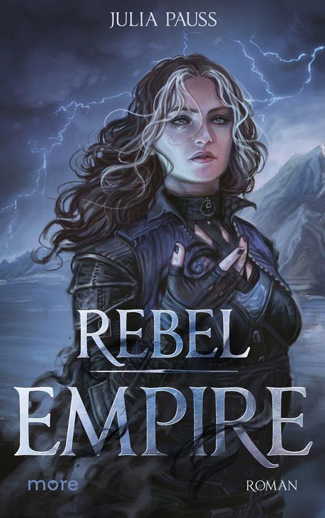 Titel: "REBEL EMPIRE". Autor: "JULIA PAUSS". Eine Figur mit langen Haaren und düsterem Hintergrund.