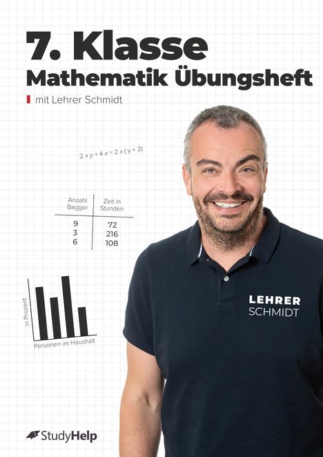 "7. Klasse Mathematik Übungsheft mit Lehrer Schmidt" oben. Diagramm und Tabelle links, lächelnder Mann rechts.