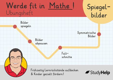 "Werde fit in Mathe! Übungsheft. Spiegelbilder. Bilder spiegeln, abpausen, Faltschnitte. StudyHelp. Illustration eines Mannes."
