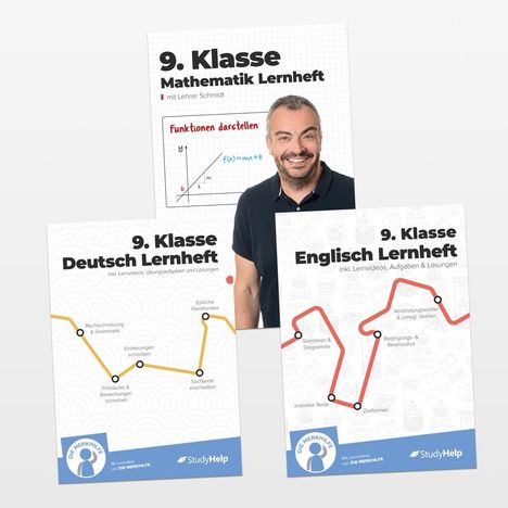 9. Klasse Lernhefte für Mathematik, Deutsch und Englisch mit Lernvideos, Aufgaben und Lösungen. Gesicht eines Mannes.