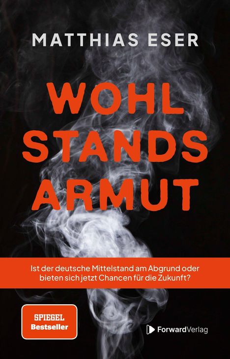 "WOHLSTANDSARMUT" in orangen Buchstaben, darüber "MATTHIAS ESER". Weiße Rauchschwaden auf dunklem Hintergrund.