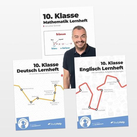 Drei Lernehefte für die 10. Klasse: Mathematik, Deutsch, Englisch. Enthalten sind Videos, Aufgaben und Lösungen.