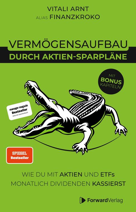 Grüner Hintergrund, Krokodil-Illustration, Titel "Vermögensaufbau durch Aktien-Sparpläne", "SPIEGEL Bestseller" Label.