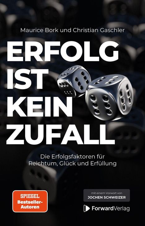 "ERFOLG IST KEIN ZUFALL", zwei Würfel schweben. Text von Maurice Bork und Christian Gaschler.