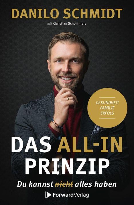 "DANILO SCHMIDT", "DAS ALL-IN PRINZIP", "Du kannst nicht alles haben". Porträt eines lächelnden Mannes mit Bart.