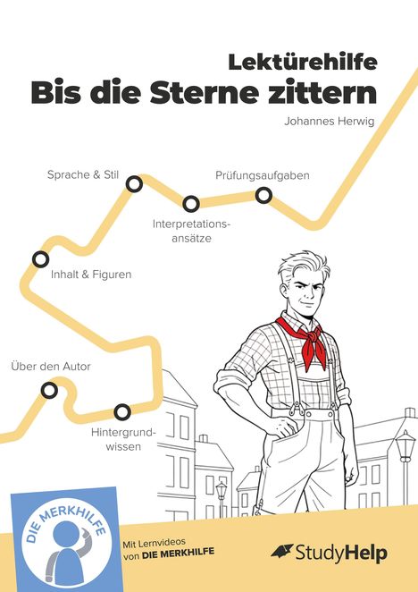 Lektürehilfe für "Bis die Sterne zittern" von Johannes Herwig, illustriert mit einem Mann in Tracht vor Stadthäusern.