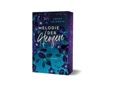 "Melodie der Herzen" von Sarah Helnwein. Blaue Blätter, Blumen und Noten auf dunklem Hintergrund.