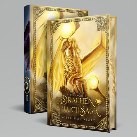 "Die Drachensaga" zeigt einen goldenen Drachen mit leuchtenden Kugeln in filigranem Rahmen.
