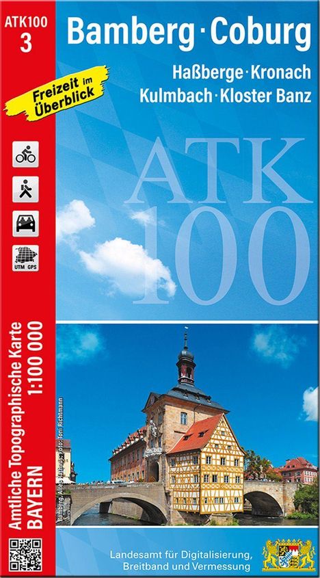 ATK100 3, Bamberg-Coburg, Haßberge, Kronach, Kulmbach, Kloster Banz. Freizeit im Überblick. Karte 1:100 000. Bayerische Landschaft und Brücke.